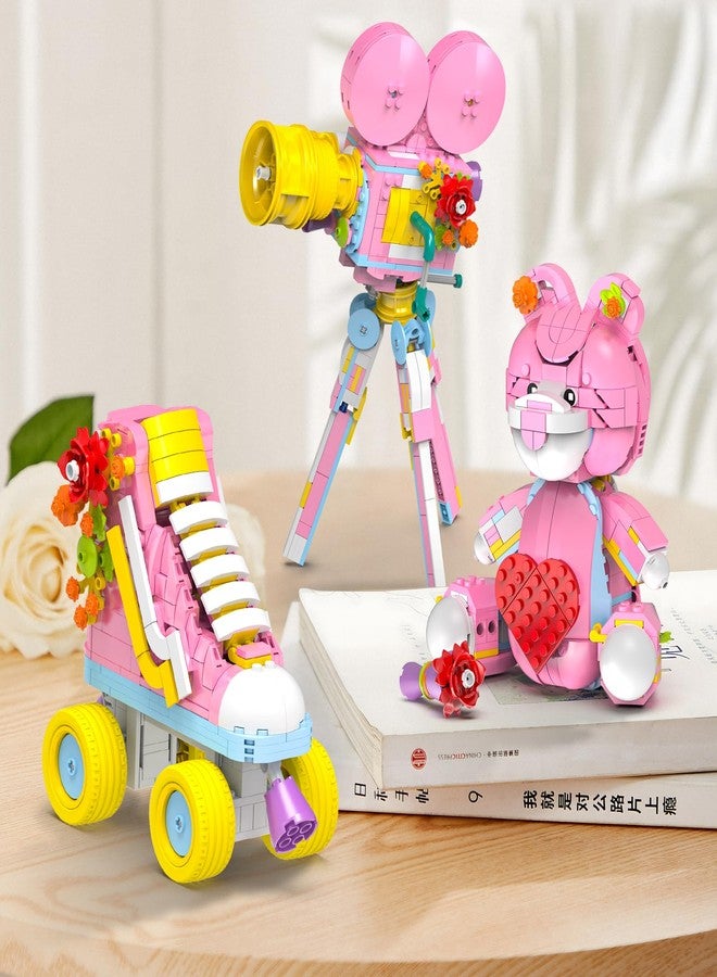 Mov stone 3-in-1 Creator Building Set, 520Pcs Compatible with Lego, Roller Skate, Heart Bear with Rose and Movie Projector, Ideal Gift for Girls and Girlfriend - Image 4